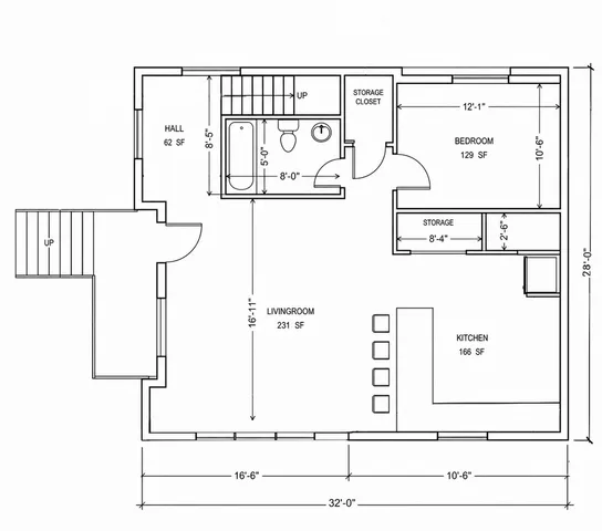 Charming floor plan showcasing a 1-bedroom layout with a spacious living room, modern kitchen, and ample storage space.