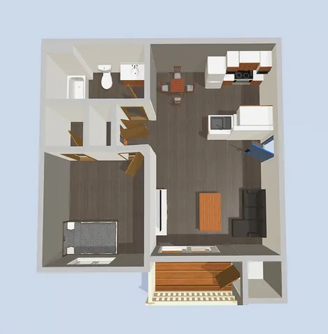 Modern 3D floor plan showcasing 1 bedroom, an open kitchen with dining area, cozy living room, and a convenient bathroom layout.