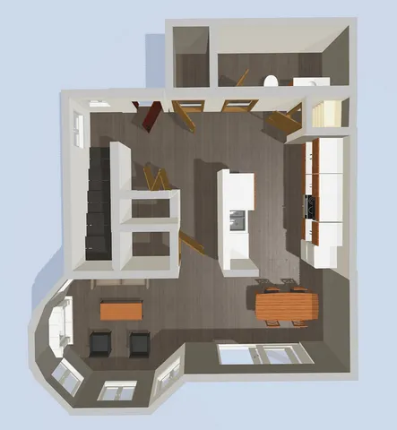 Modern floor plan featuring an elegant open-concept living area, stylish kitchen with island, cozy lounge, and spacious dining space, ideal for contemporary living.