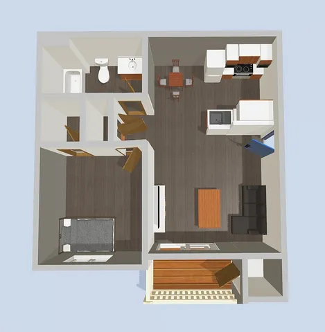 Modern 3D floor plan showcasing a cozy one-bedroom apartment with an open kitchen, inviting living area, and well-organized bathroom.