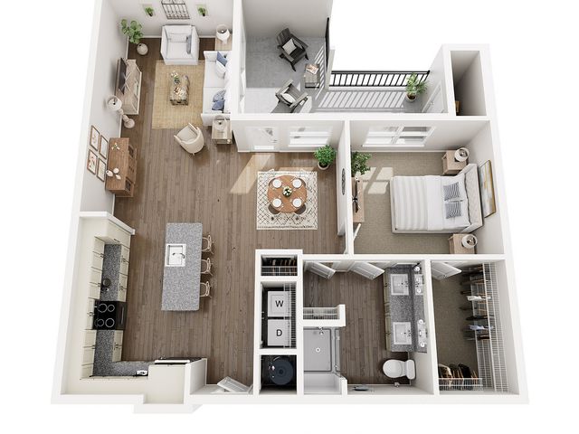 Modern 3D apartment floor plan featuring a spacious kitchen with an island, cozy living area, one bedroom, and an inviting balcony space.