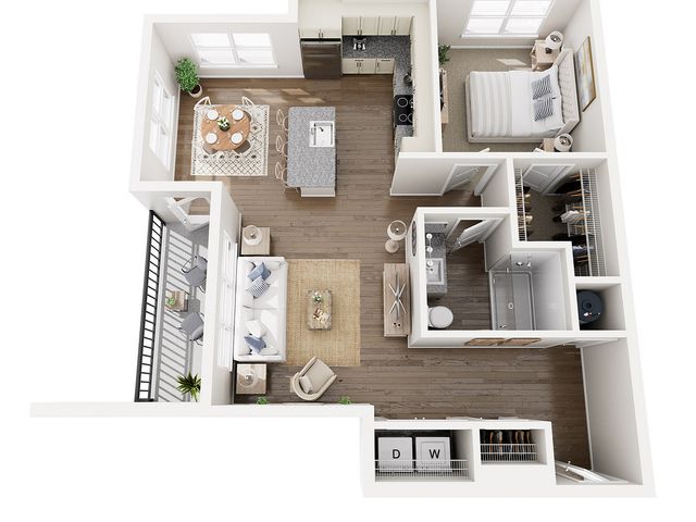 Charming open-concept floor plan featuring a spacious living area, modern kitchen with island, cozy bedroom, and elegant bathroom with walk-in closet.