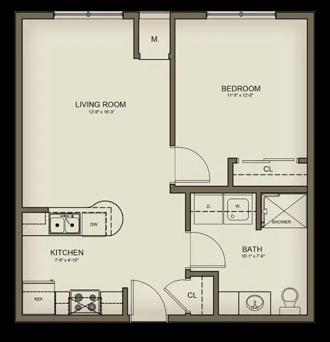 1x1 w/ Full Kitchen- 690 sq. ft.