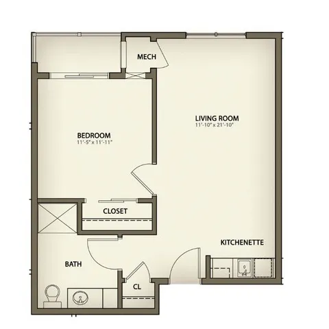 1x1 w/ Kitchenette- 551 sq. ft.