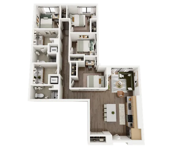 Contemporary floor plan showcasing 3 bedrooms, 2 bathrooms, modern kitchen, and cozy open living area.