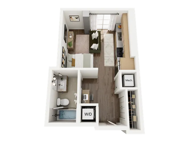 Modern studio apartment floor plan with an open living area, sleek kitchen, compact bathroom, and dedicated mechanical space.