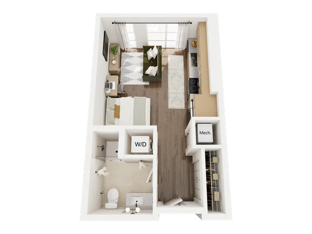 Modern apartment floor plan with open living area, bright kitchen, cozy bedroom nook, and sleek bathroom.