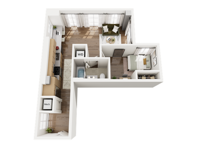 Contemporary floor plan showcasing a cozy 1-bedroom apartment with open living space, modern kitchen, and sleek bathroom.