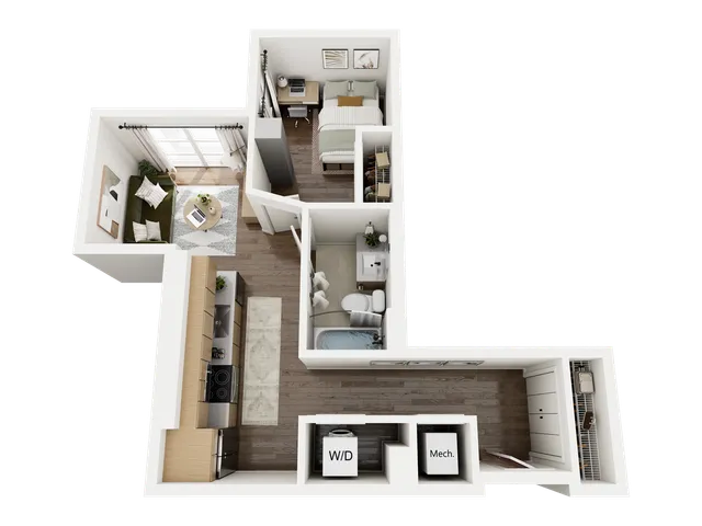 Modern 3D floor plan featuring a cozy living room, one bedroom, a compact kitchen, and a stylish bathroom with washer/dryer space.