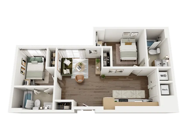 Chic 3D floor plan showcasing 2 cozy bedrooms, modern kitchen, comfortable living area, and 2 stylish bathrooms, all with contemporary design elements.