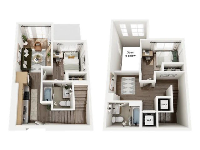 Modern two-story floor plan showcasing a cozy living room, elegant kitchen, two comfortable bedrooms, and two sleek bathrooms. Includes a convenient laundry space and mechanical room, perfect for urban living.