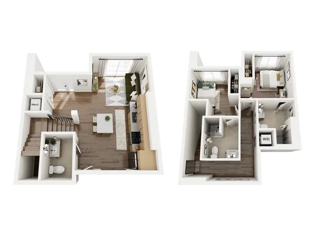 Modern two-level apartment floor plan with an open-concept living area, sleek kitchen, two cozy bedrooms, and convenient bathrooms. Includes dedicated W/D space and stylish stairway access.