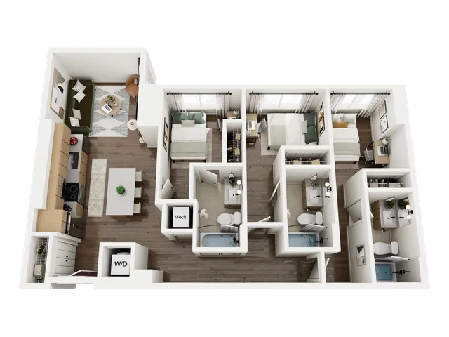 Modern 3D floor plan showcasing a chic 3-bedroom apartment with open-concept living area, sleek kitchen, and 2 stylish bathrooms.