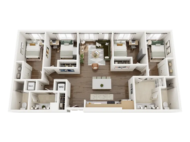 Elegant 3D apartment floor plan showcasing three spacious bedrooms, an inviting open-concept living and dining area, modern kitchen with island, and two stylish bathrooms.
