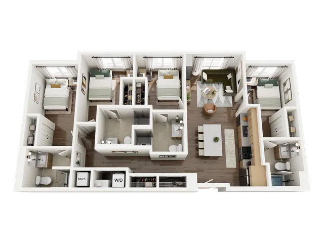 Modern 3D floor plan showcasing a chic apartment with 3 bedrooms, open-concept living area, stylish kitchen, and 2 bathrooms.