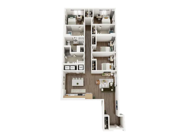 Elegant 3D floor plan showcasing 4 bedrooms, a cozy living area, a modern kitchen, and multiple bathrooms, designed for luxurious living.