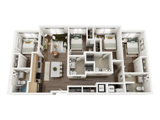 Modern 3D floor plan showcasing 3 bedrooms, stylish open living area, and a contemporary kitchen, designed for comfort and efficiency.