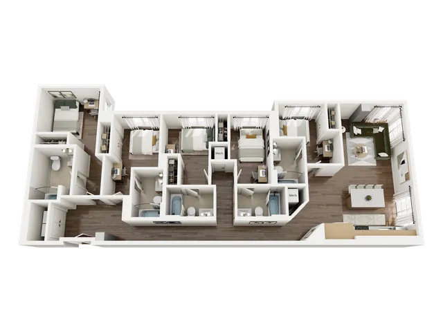 Modern 3D floor plan showcasing 4 bedrooms, a cozy living room, and a sleek kitchen with a dining area, ideal for comfortable family living.