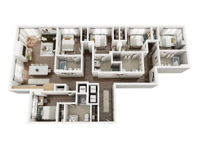 Modern and spacious 3D floor plan featuring 3 bedrooms, an elegant open-plan kitchen, and a cozy living area with abundant natural light.