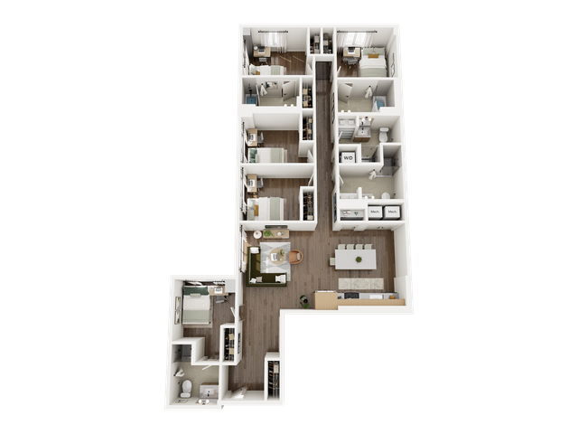 Spacious floor plan showcasing 5 bedrooms, modern kitchen, and elegant dining area, ideal for a vibrant family lifestyle.