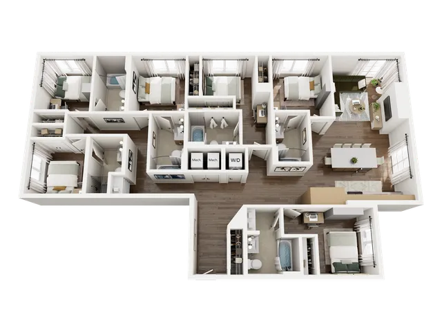 Elegant 3D floor plan showcasing a spacious apartment with four bedrooms, a modern kitchen, and an open dining and living area. Features multiple bathrooms, a laundry room, and ample storage, ideal for comfortable living.