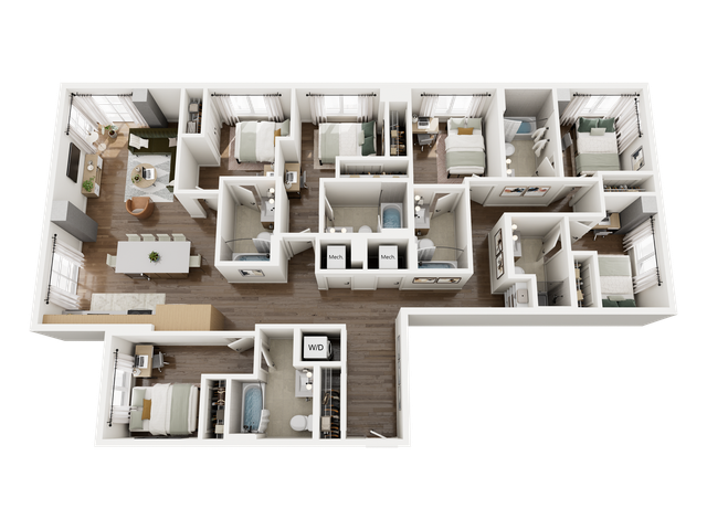 Stylish 3D floor plan of a modern apartment showcasing multiple bedrooms, spacious living area, and a contemporary kitchen design.