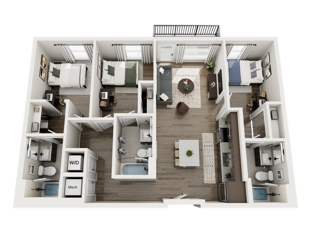 Elegant 3-bedroom floor plan showcasing open living space, modern kitchen, and two stylish bathrooms, ideal for comfortable living.