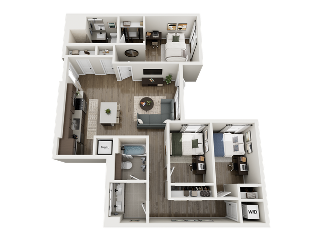 Modern 3D floor plan showcasing two spacious bedrooms, elegant open-concept living area, contemporary kitchen, and convenient laundry space.