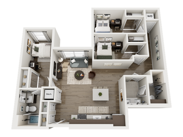 Contemporary 3D floor plan highlighting 2 cozy bedrooms, inviting living room, stylish kitchen, and 2 modern bathrooms with convenient laundry space.