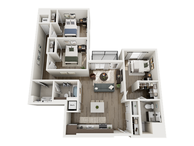 Modern 3D floor plan featuring 2 spacious bedrooms, open-concept living and dining area, sleek kitchen, and ample storage space.