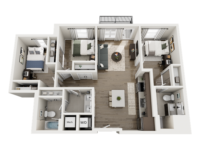 Modern 3D apartment floor plan featuring 3 bedrooms, a stylish open-concept living and dining area, and a sleek kitchen with a contemporary design.