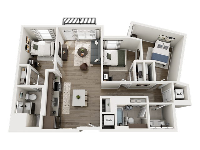 Elegant 3D floor plan showcasing 2 bedrooms, modern kitchen, cozy living room, two bathrooms, and in-unit laundry area.