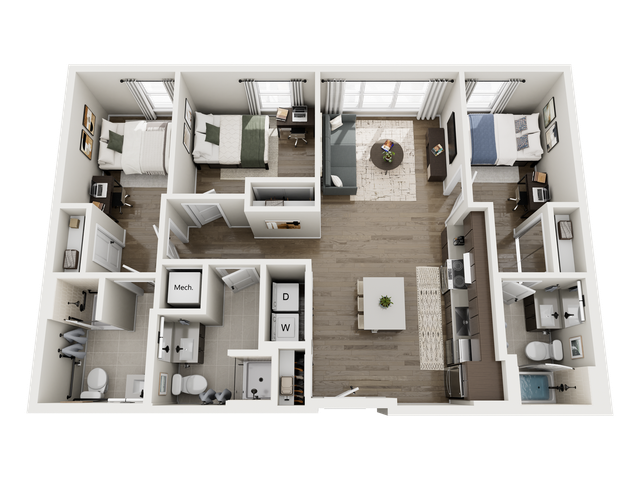 Modern 3D floor plan featuring 2 bedrooms, spacious living area, stylish kitchen, and 2 elegant bathrooms, perfect for comfortable and chic living.