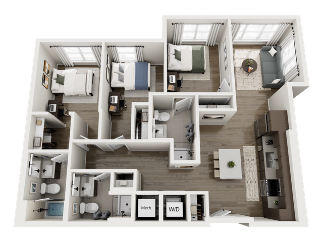 Modern 3D floor plan featuring two bedrooms, bright living room, sleek kitchen, and two bathrooms, optimized for comfort and style.