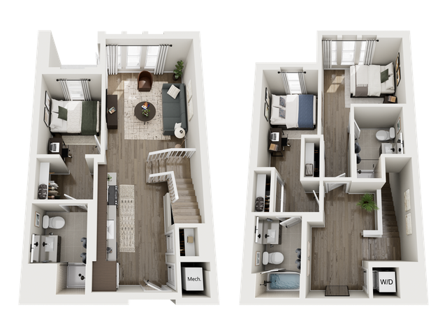 Modern two-story floor plan highlighting 3 bedrooms, open-concept living area, contemporary kitchen, and 2 baths. Features stylish interiors and smart layout.