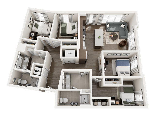 Modern 3D floor plan showcasing two bedrooms, a stylish open-concept living area, a sleek kitchen with island, and spacious bathrooms.