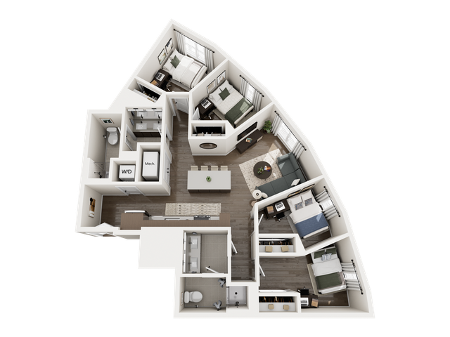 Modern 3D floor plan showcasing three bedrooms, open-concept living and dining area, and a stylish kitchen with island, perfect for family living.