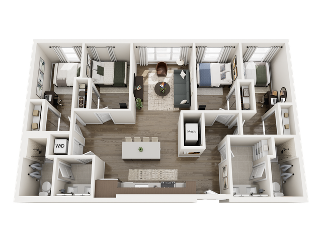 Modern 3D floor plan showcasing 3 bedrooms, a cozy living area, and a sleek kitchen with a dining bar.