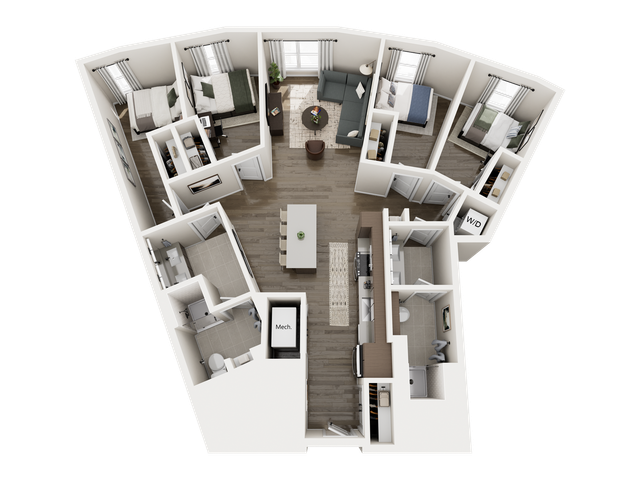 Elegant 3D floor plan highlighting 3 bedrooms, cozy living room, modern kitchen, and 2 bathrooms with an in-unit washer and dryer.