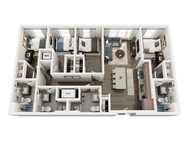 Modern 3D floor plan showcasing 3 bedrooms, open living space, gourmet kitchen, and elegant bathrooms.