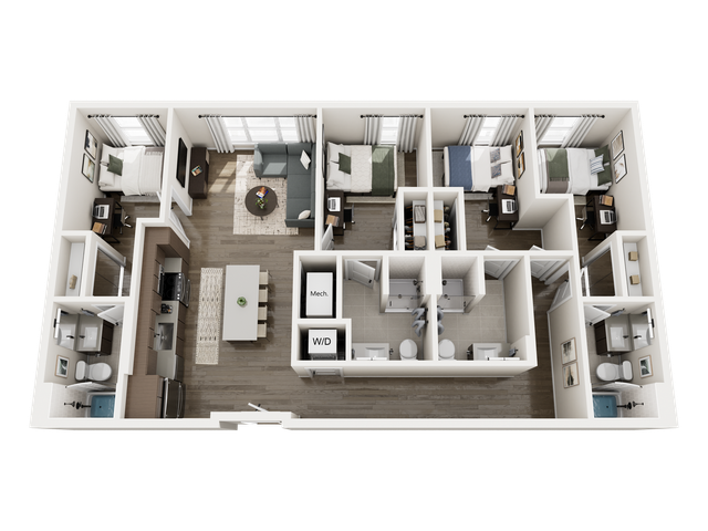 Modern 3D floor plan featuring three cozy bedrooms, a stylish living room, and a spacious kitchen area with a dining island. Includes two bathrooms, a convenient laundry space, and elegant wood flooring throughout.