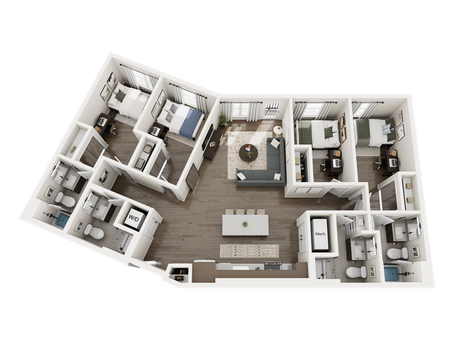 Modern 3D floor plan showcasing 3 bedrooms, a cozy open living area, and a sleek kitchen with an island, ideal for comfortable living.