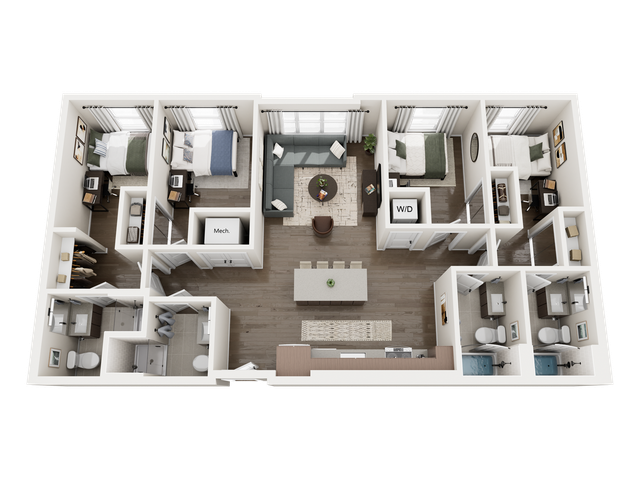 Elegant 3D floor plan showcasing 3 bedrooms, modern kitchen, cozy living area, and stylish bathrooms.