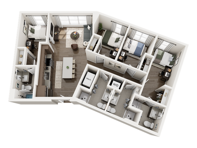 Modern 3D floor plan featuring three cozy bedrooms, an elegant open kitchen with dining area, a stylish living room, and two contemporary bathrooms, showcasing a comfortable and efficient apartment layout.
