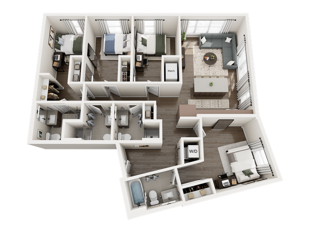 Elegant 3D floor plan showcasing a modern apartment with 3 spacious bedrooms, a chic living room, and two sleek bathrooms. Features include an open-layout kitchen and convenient washer/dryer space.