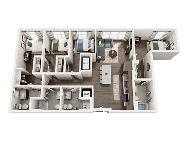 Spacious 3D floor plan featuring 3 cozy bedrooms, an elegant open living area, modern kitchen, and two bathrooms, ideal for family living.