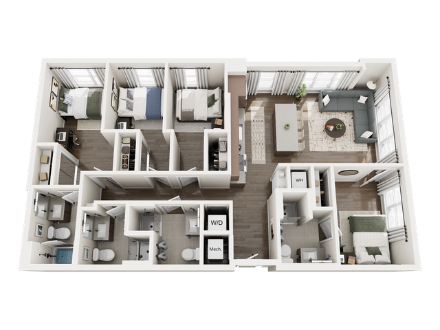Modern 3D floor plan showcasing 3 cozy bedrooms, an elegant open-concept living and dining area, and a contemporary kitchen with a breakfast bar.