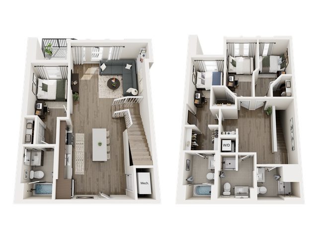Chic two-story floor plan featuring three bedrooms, a modern open-concept living area, and a sleek kitchen with an island.