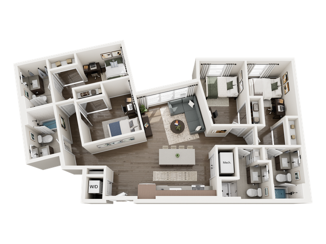 Modern 3D floor plan featuring 3 spacious bedrooms, an open-concept living area connected to a sleek kitchen with an island, two elegant bathrooms, and natural light throughout.