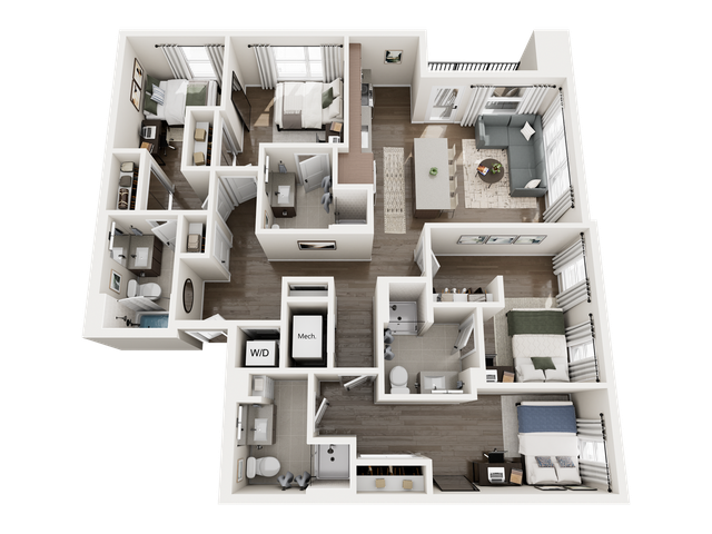Chic 3D apartment layout featuring 3 spacious bedrooms, a stylish open-plan living area, modern kitchen with island, and 2 sleek bathrooms, maximizing comfort and space.
